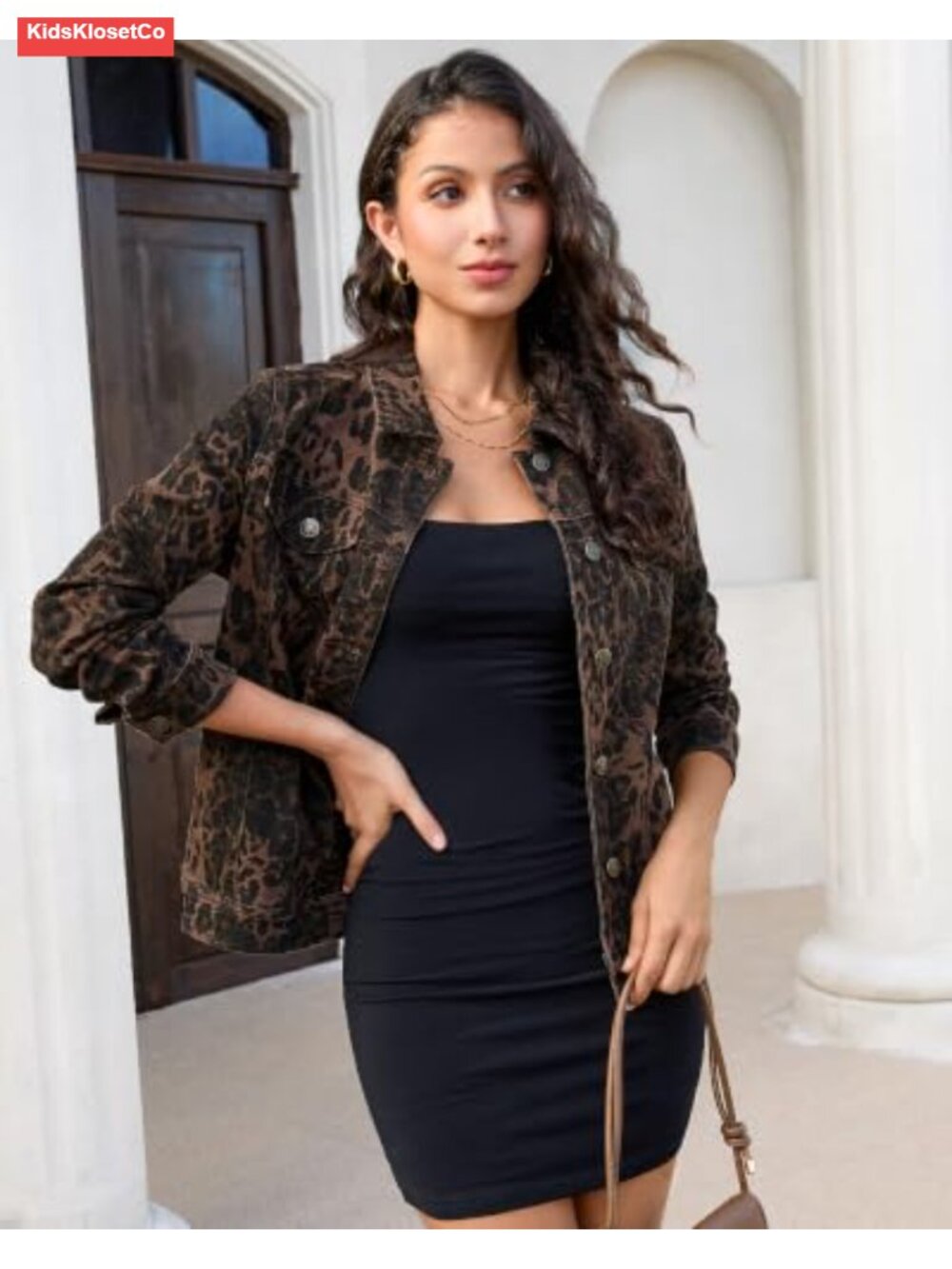Women's Stretch Denim Jean Jacket with Leopard Print, Button Front - Picture 6 of 6